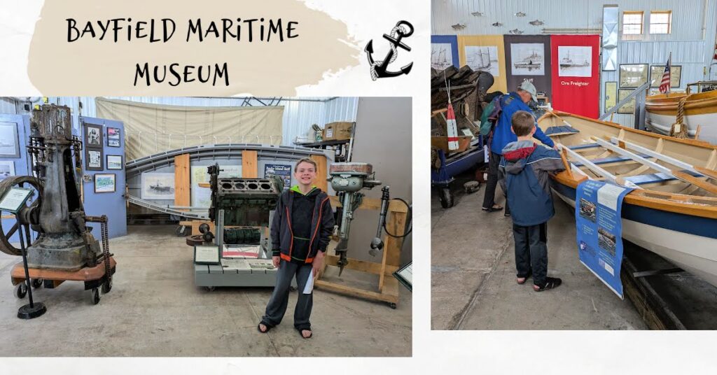 Bayfield maritime museum, boy in front of motor display and boat, boy and grandpa looking at a rowing boat on display 
