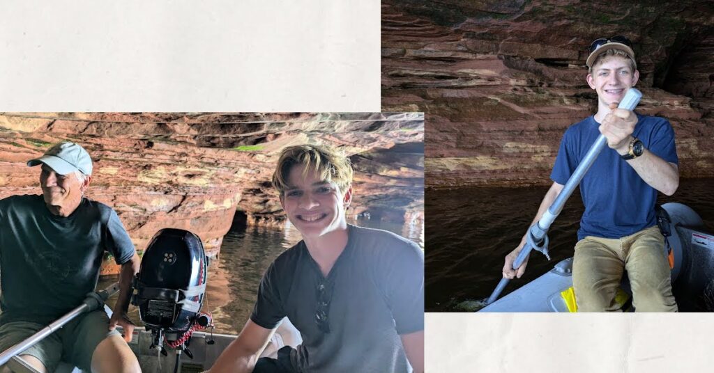 teen boys and grandpa paddling dinghy in the sea caves, smiling faces 