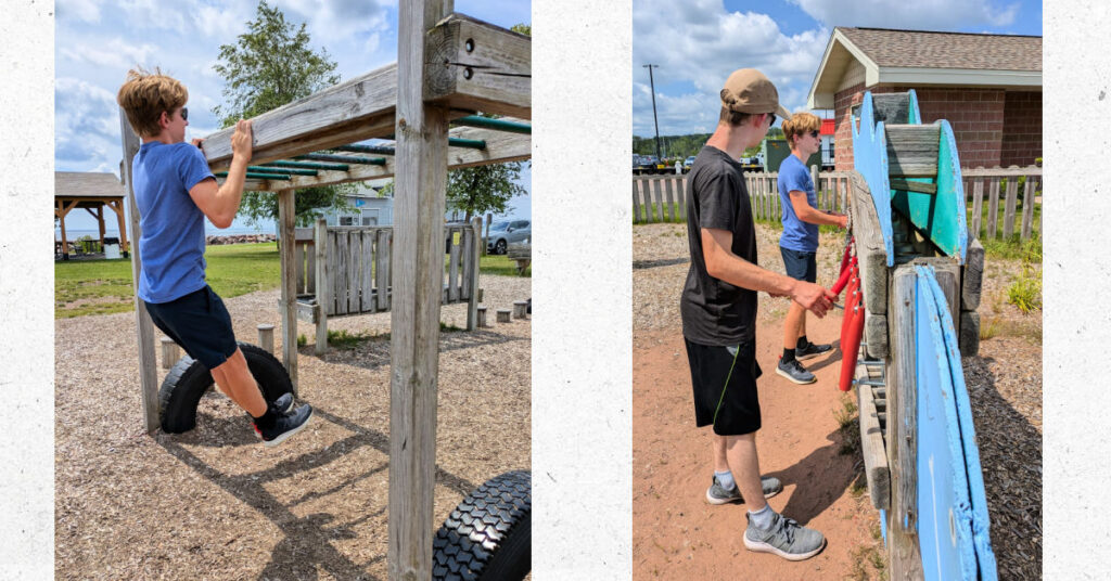 teens using playground music structure, teen doing pull up on monkey bars at playground 