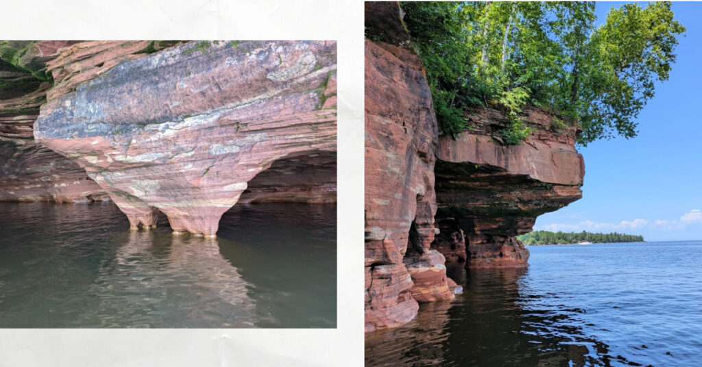 sea caves pillars, rocks, water, view of sailboat anchored in distance from edge of sea caves on sand island, lake superior 