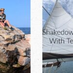 two teen boys sitting on a big rock on lake superior, sail in the sky