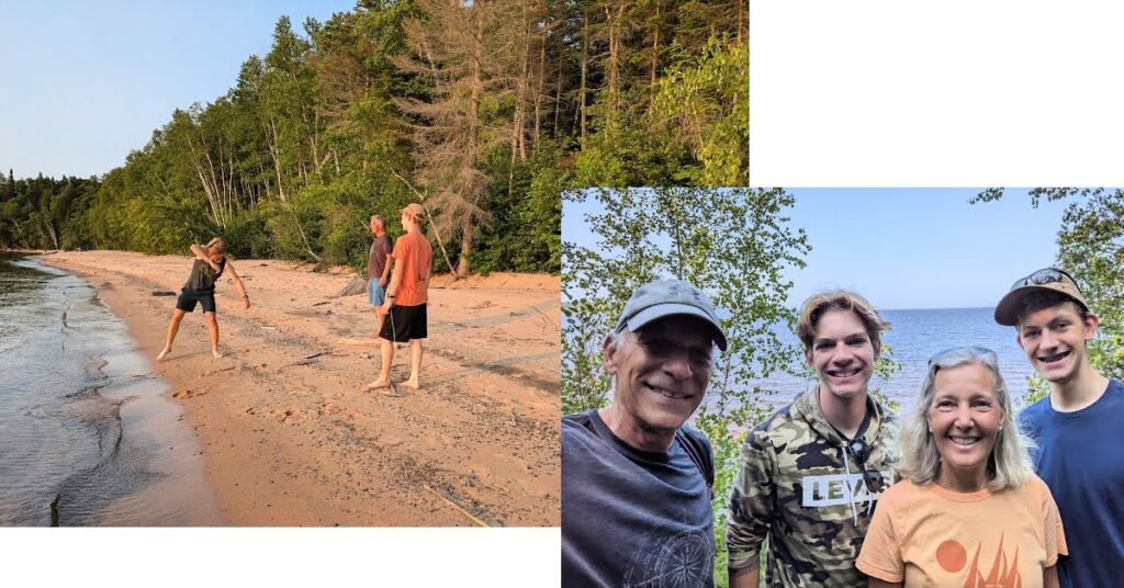 guys skiping rocks on the beach with forest in background, grandparents and teen grandsons selfie on hiking trail overlooking lake superior 