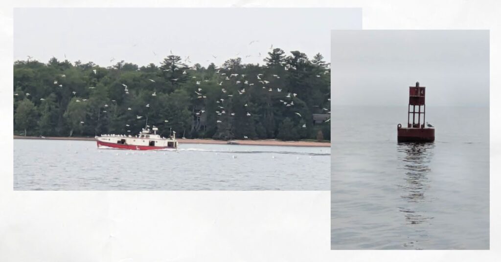 fishing boat with birds flying above, red buoy in calm water 