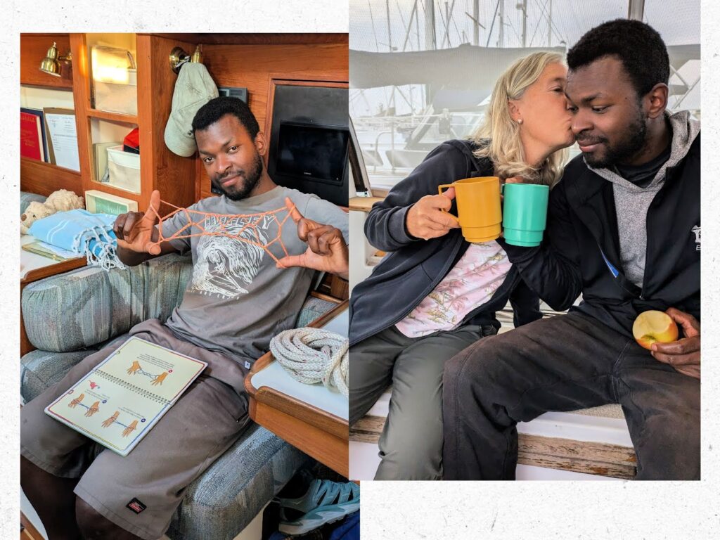 man with a cats cradle jacob's ladder in cabin of sailboat, mom kissing son on the cheek while holding mugs of tea in sailboat cockpit 