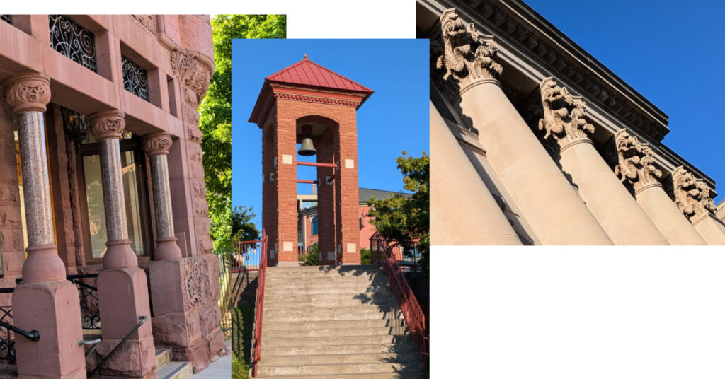 collage of columns on historic buildings and a town bell tower 