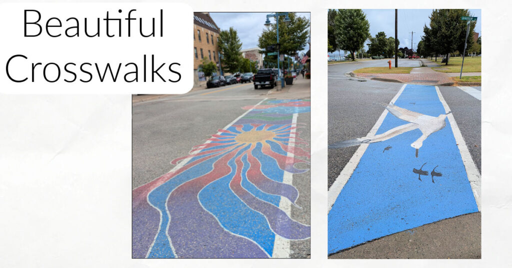 painted crosswalks on streets. one of a sun with rays and one of birds in flight 