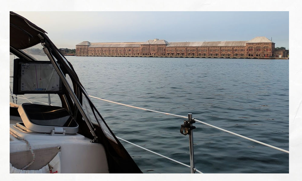 St Mary's hydroplant as seen from the water on sailboat 