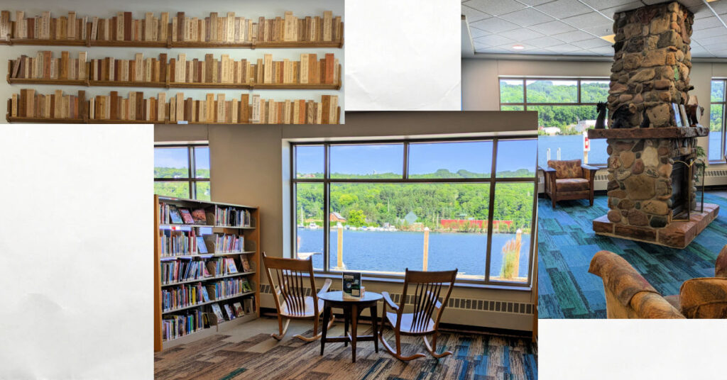 collage of houghton librar fireplace, rocking chairs, window facing the waterway, wooden book wall hanging 