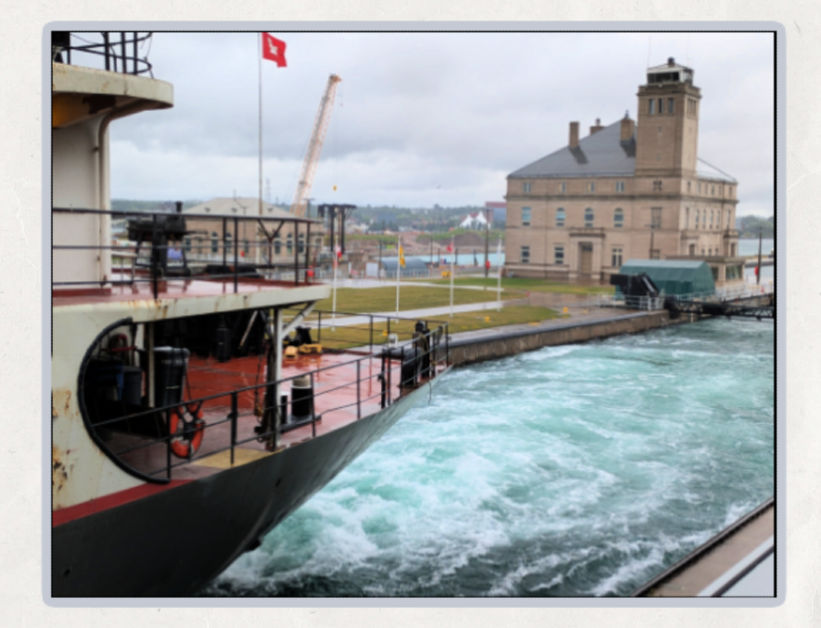 turbulence in water as freighter started leaving the locks at the Soo 