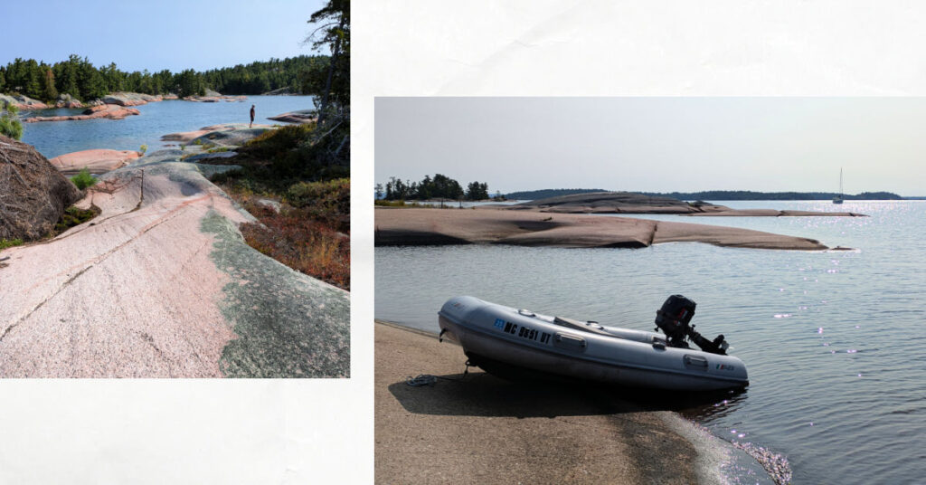 pink granite islands and anchorage for sailboat, dinghy pulled up to rock, man hiking on rock