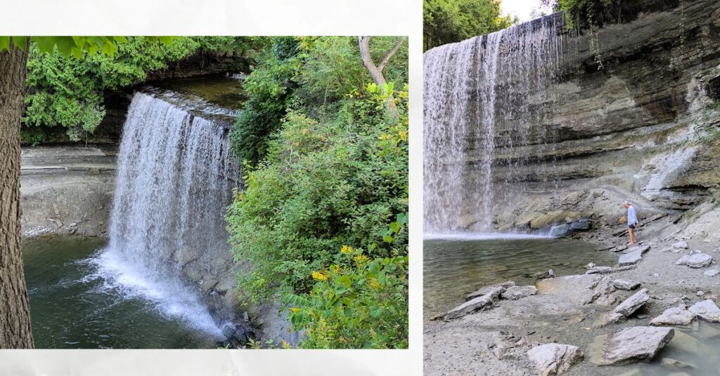 bridal veil waterfall from above and from ground level, woman walking at base of falls