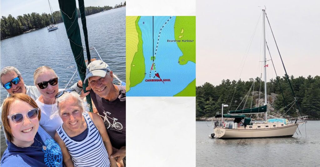 group of friends on bow of sailboat, sailboat at anchor, pic of chart plotter showing beardrop harbour and boats