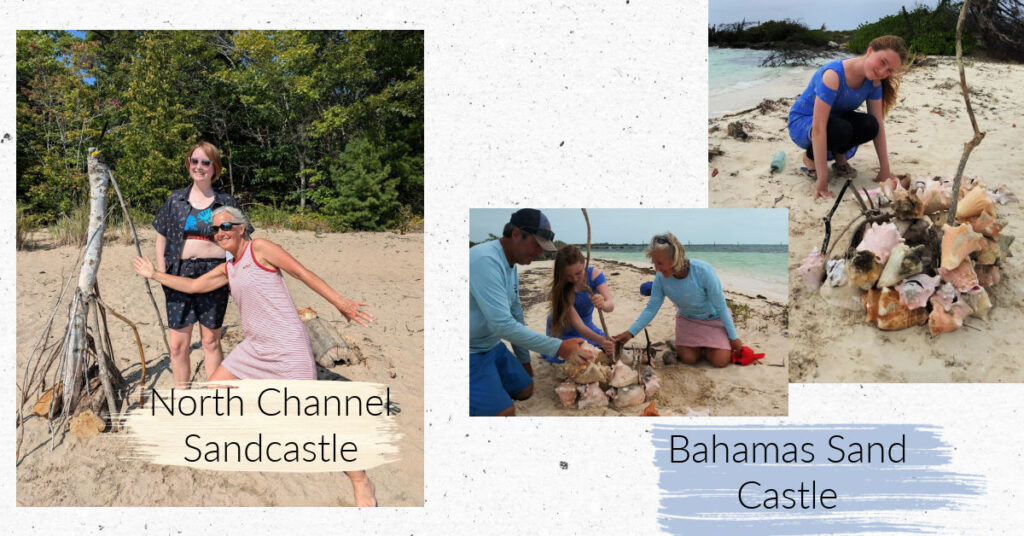 sand castle on beach, one with sticks and rocks, one with conch shells, teen and adults
