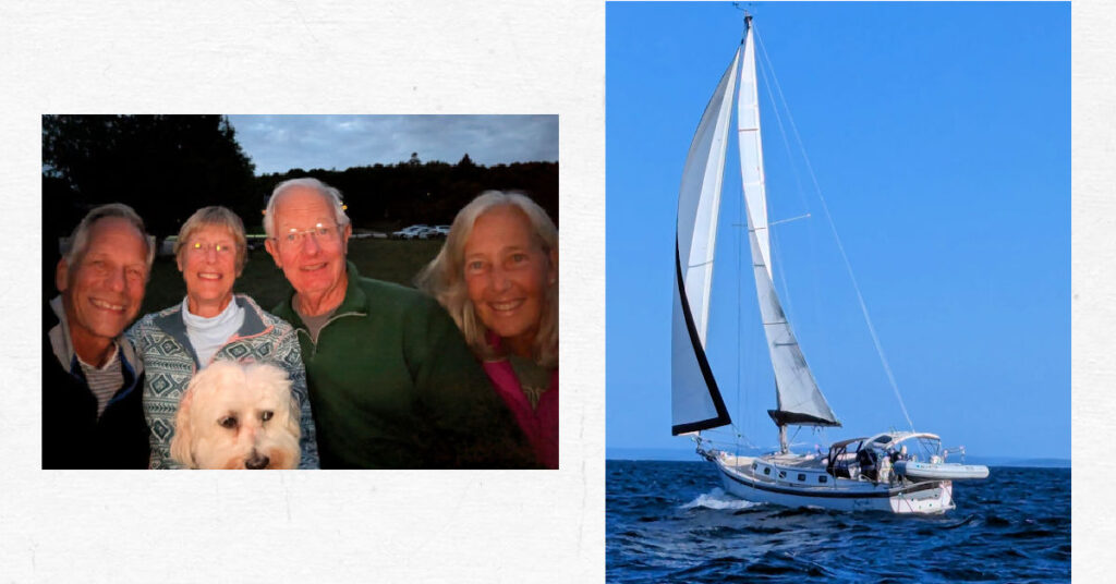 sailboat under sail with blue sky, selfie of two cruising couples and dog at night