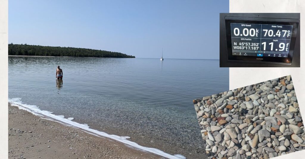 man swimming in anchorage with boat anchored in distance, gauge showing water temp