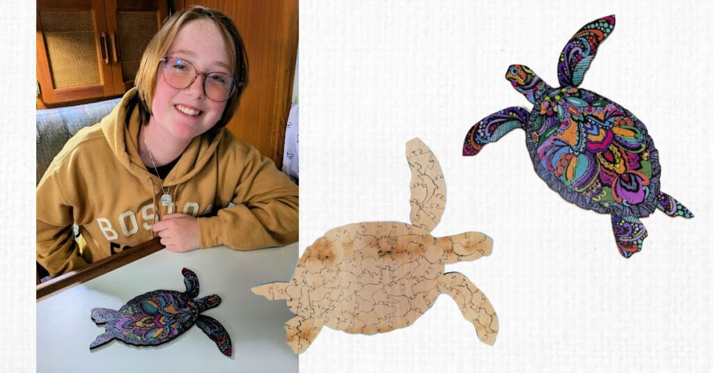 jigsaw puzzle of sea turtle, front and back, teen at table with puzzle