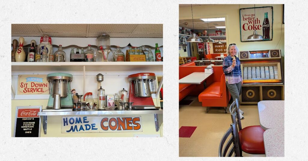 retro ice cream shop shelf with malt machines and soda bottles, jute box and red booths, woman with ice cream cone by music & booth
