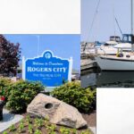 collage of rogers city scenes, city sign, sailboat at dock, nautical light