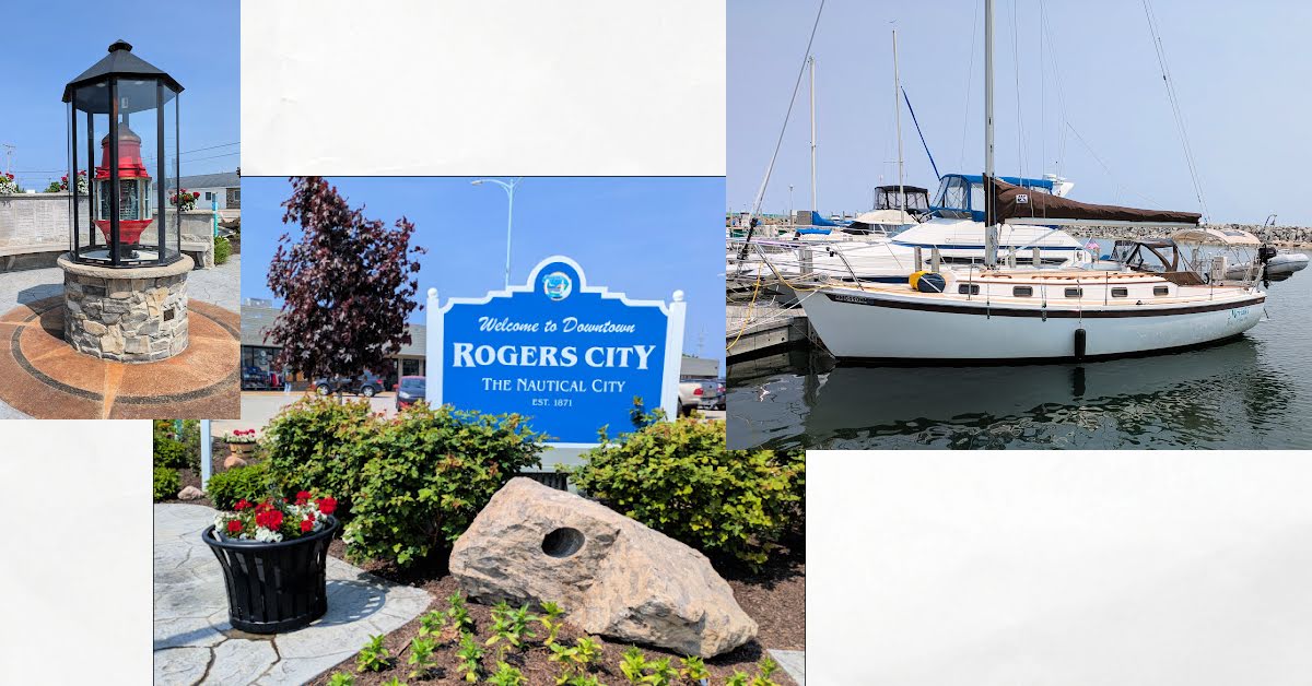 collage of rogers city scenes, city sign, sailboat at dock, nautical light