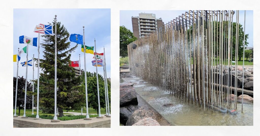 Sarnia waterfront fountain and flags 