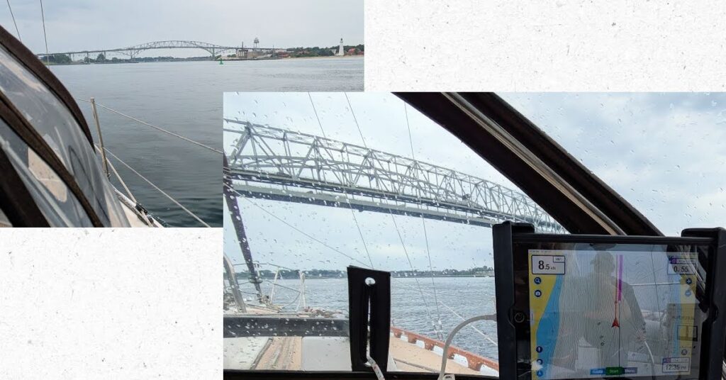 approaching blue water bridge and pic of chart plotter with speed as sailboat was almost going under the bridge 