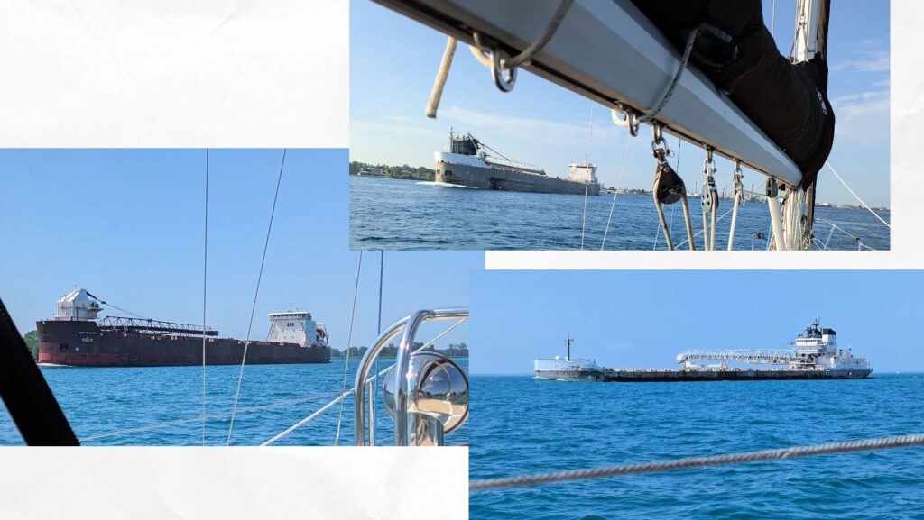 different freighters seen from sailboat going down the st clair river