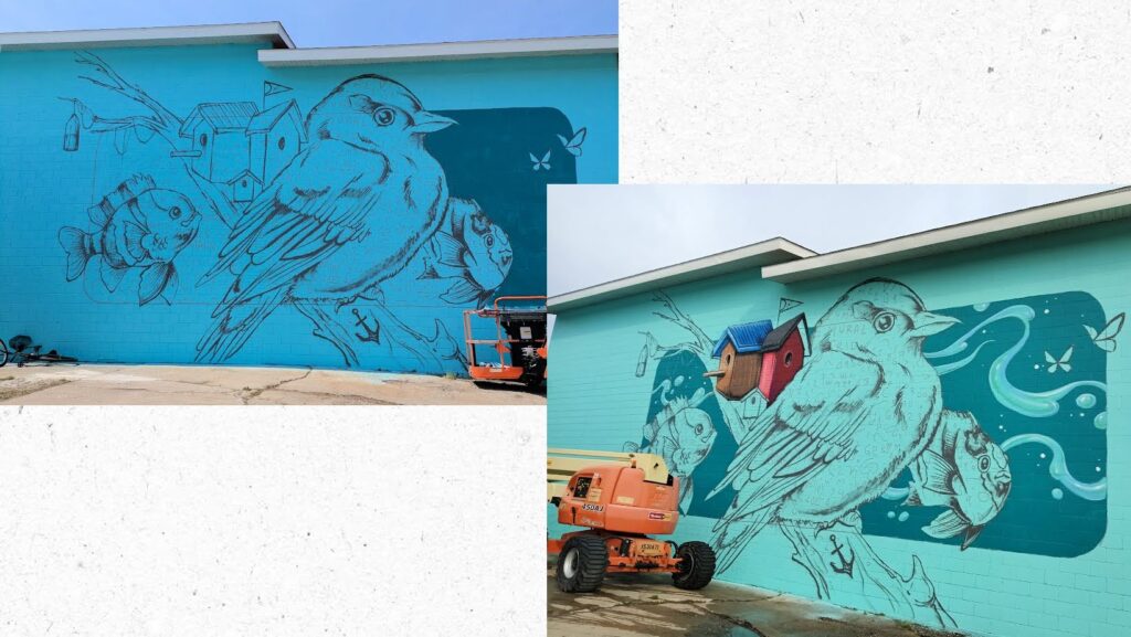 mural of bird, fish, birdhouse in progress