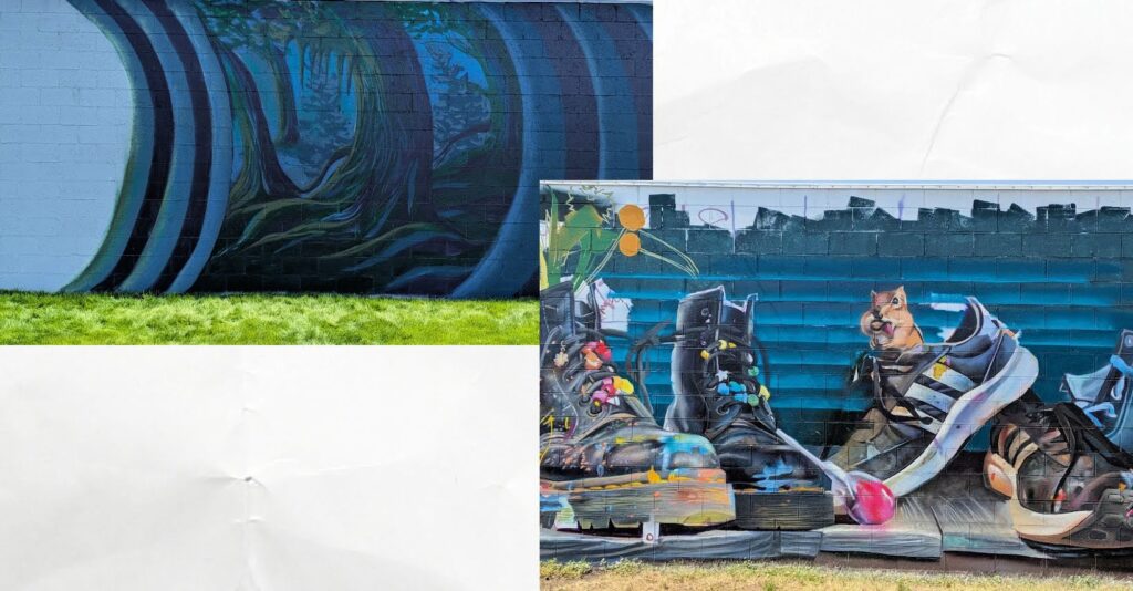 two murals; one of a forest scene and one of colorful tennis shoes 