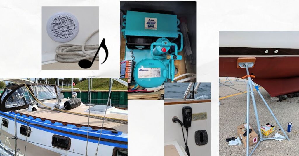 sailboat project collage, thru hull, refrigeration compressor, cockpit mic, stereo speaker, woodwork finishing