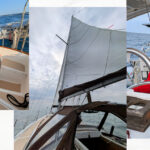 sails of sailboat sailing, man in bibs at wheel, woman in jacket and hat at wheel