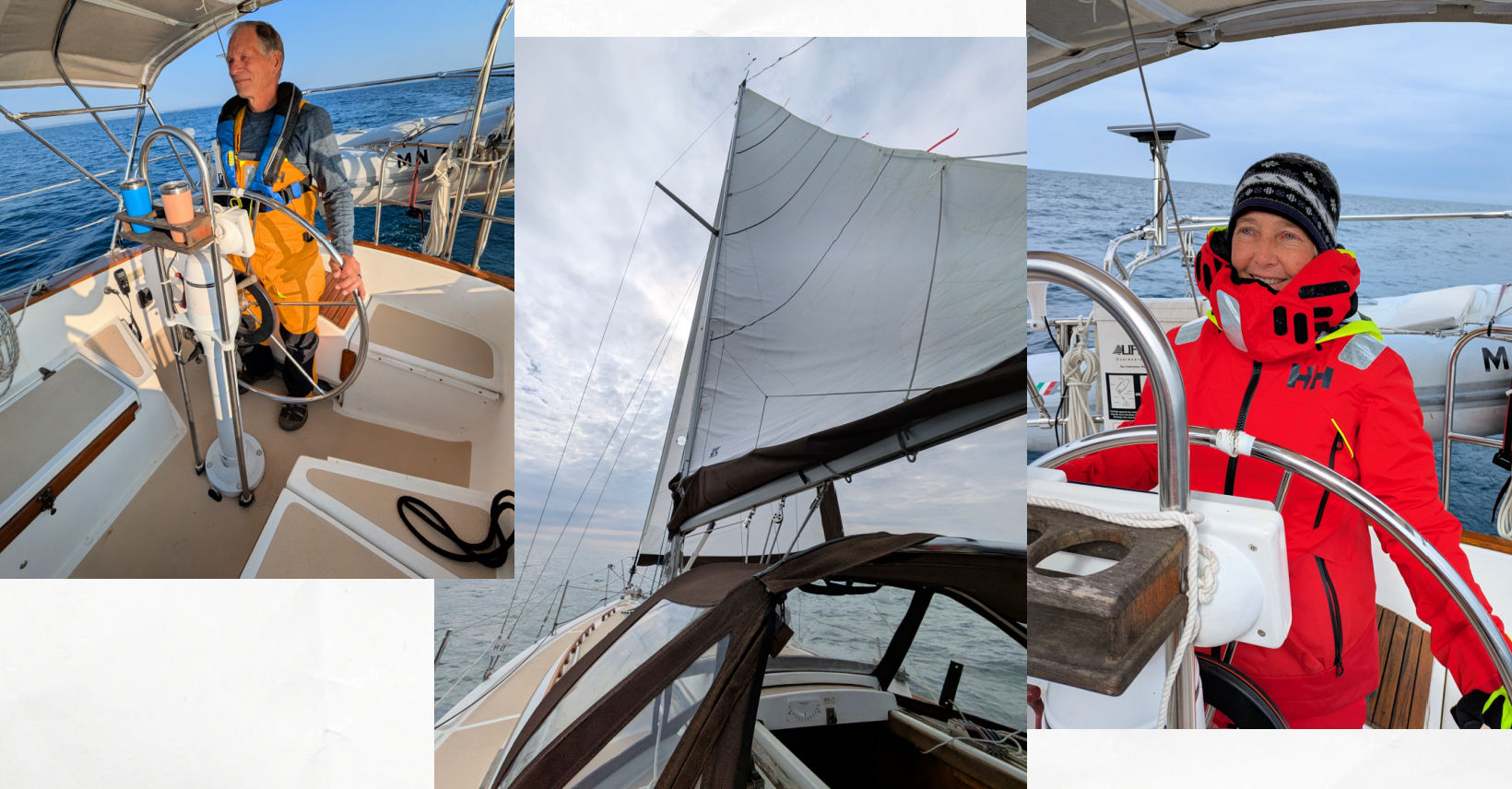 sails of sailboat sailing, man in bibs at wheel, woman in jacket and hat at wheel