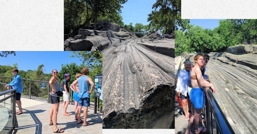 family visiting Glacier Grooves on Kelly's Island, adults reading the info signs and close up of the rocks