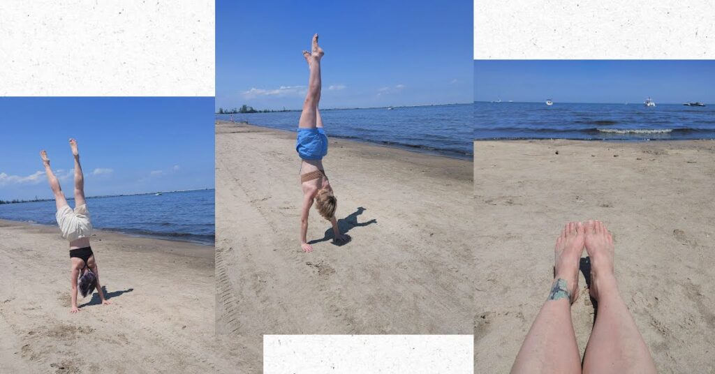 young adults doing handstands on the beach, parent relaxing on the beach watching waves roll in