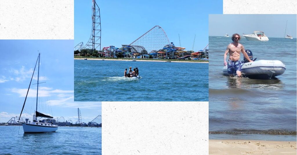 dinghy ride to beach, man bringing dinghy to beach, sailboat at anchor
