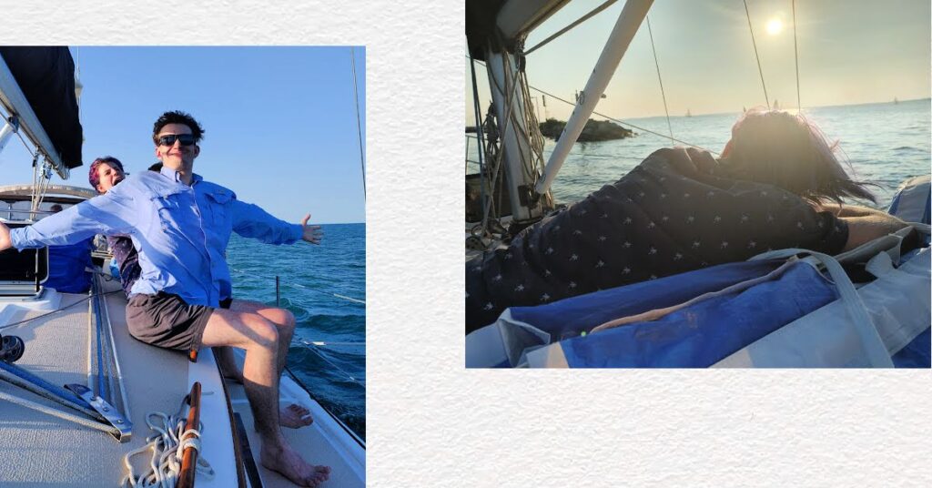 adults on sailboat cabin top singing and goofing off, adult sleeping on cabin top 