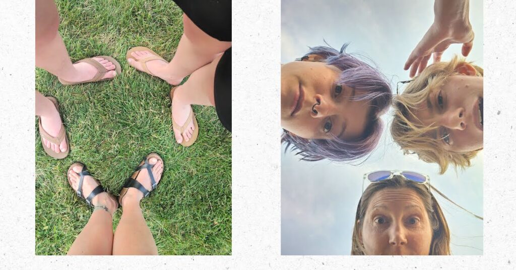 feet in sandals on grass of 3 adults, faces looking down of 3 adults