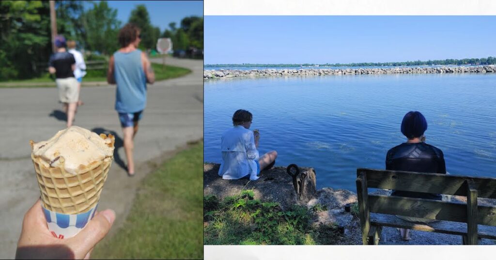 ice cream cone, adults eating ice cream while walking, two adults eating ice cream overlooking the water 