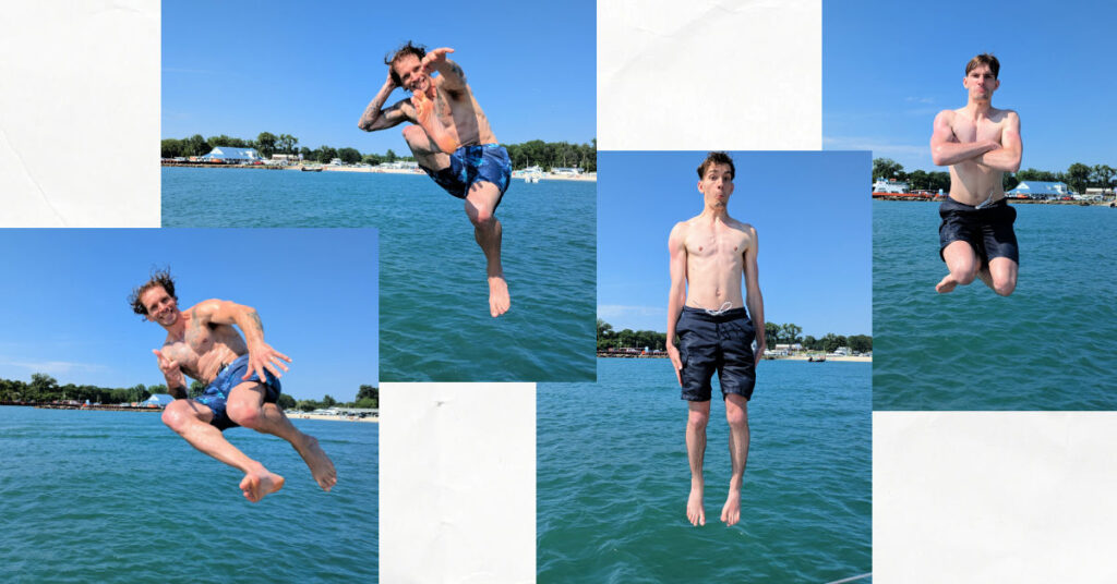father and son doing different poses while jumping off a sailboat into the water 