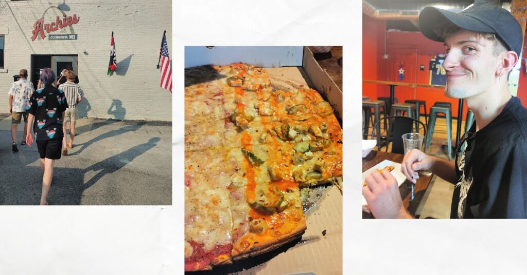 group going into pizza place, pizza with pickles, bacon, hot sauce, young man smiling about the pizza