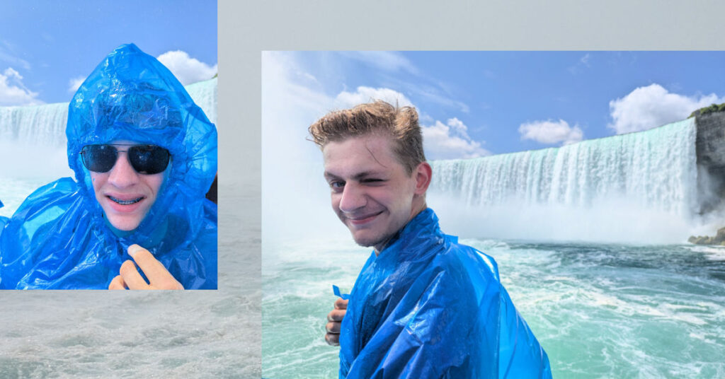 teen grandsons on maid of mist niagara falls boat ride wearing blue ponchos 