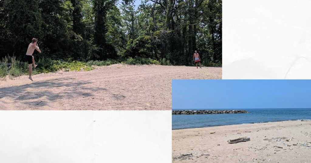 grandpa and teen grandson throwing frisbee on beach, beach with breakwater and driftwood 