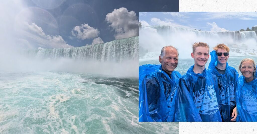 niagara falls viewed from boat ride and grandparents and teens in blue ponchos with falls in background