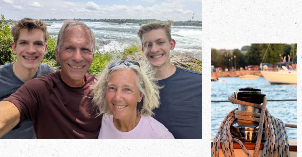 grandparents and teen grandsons with water in background, winch and line on sailboat with sailboats in background