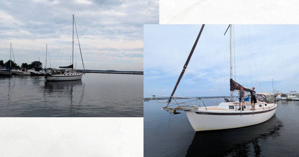 sailboat leaving the dock and coming to dock with teens ready to throw the docklines.  