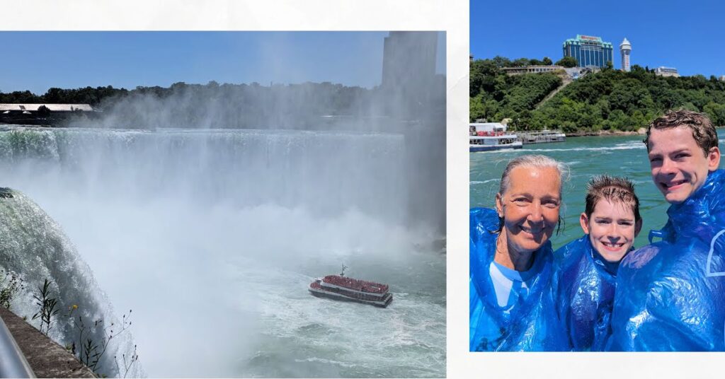 grandma and two grandsons in ponchos on the maid of the mist boat ride, photo of niagara falls 
