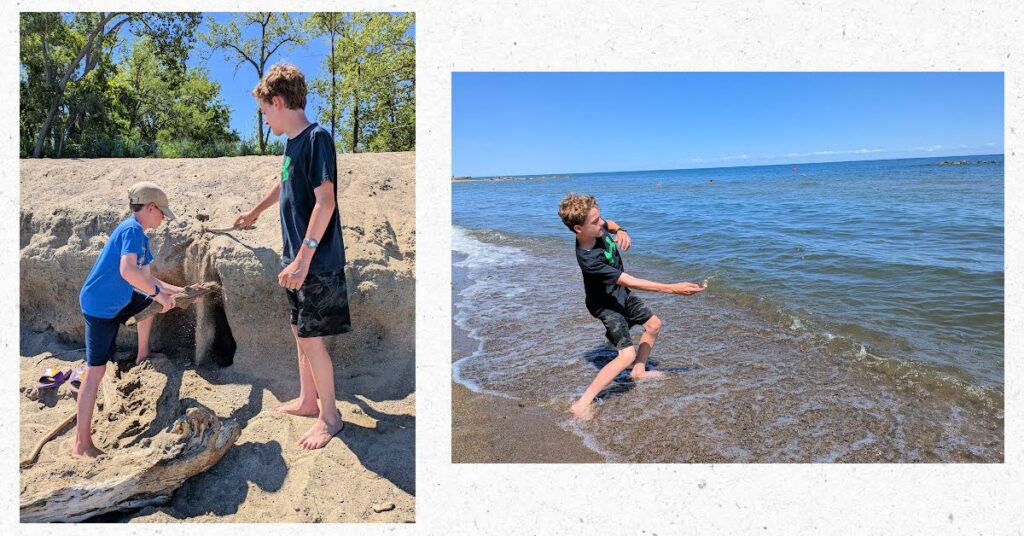 boy skipping rock into lake, boys digging into a beach dune 
