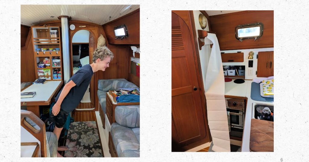 paper towel unrolled in galley from heeling, teen counter balancing in the cabin while boat was heeling 