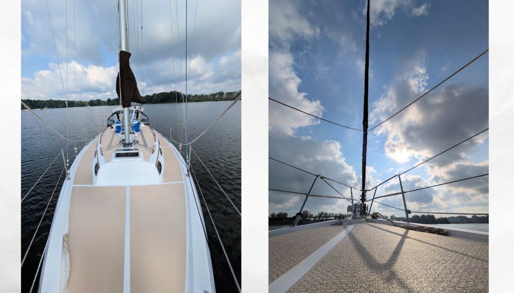 view of cabin top of sailboat from bow and close up of bow
 