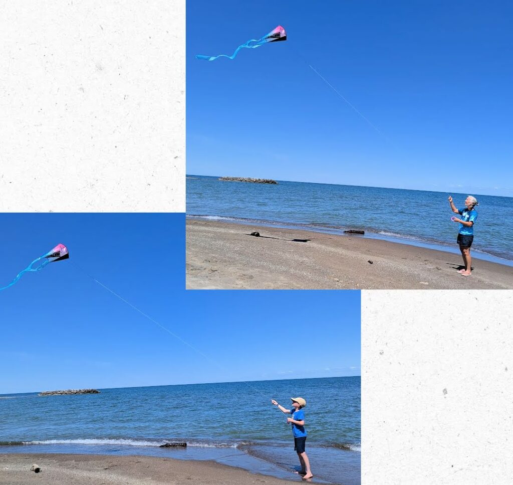 grandma flying kite at beach and grandson flying kite at beach
