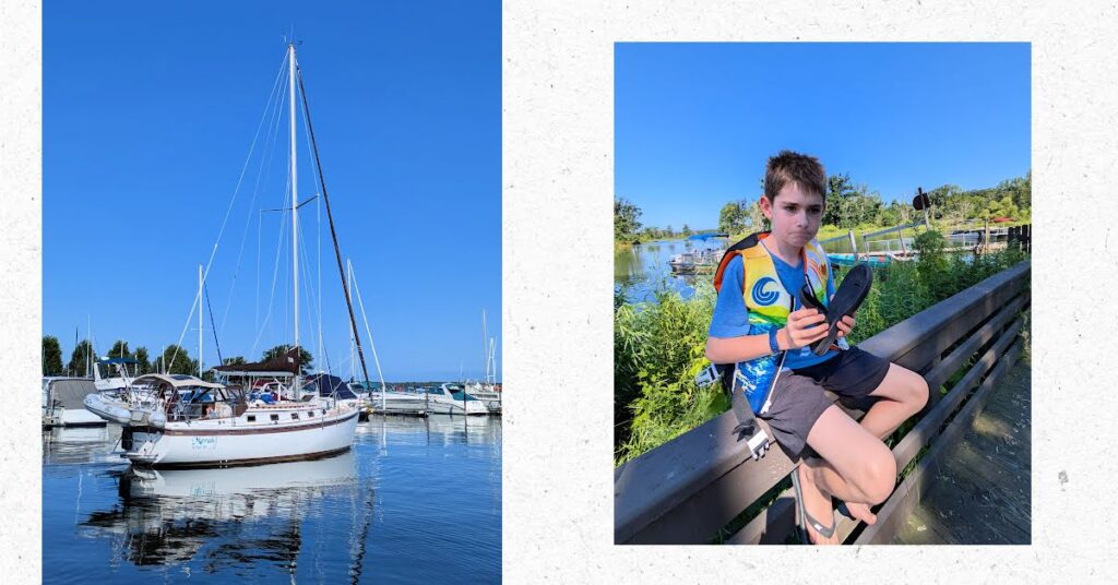sailboat leaving dock, boy with sad face and broken flip flop in hand 
